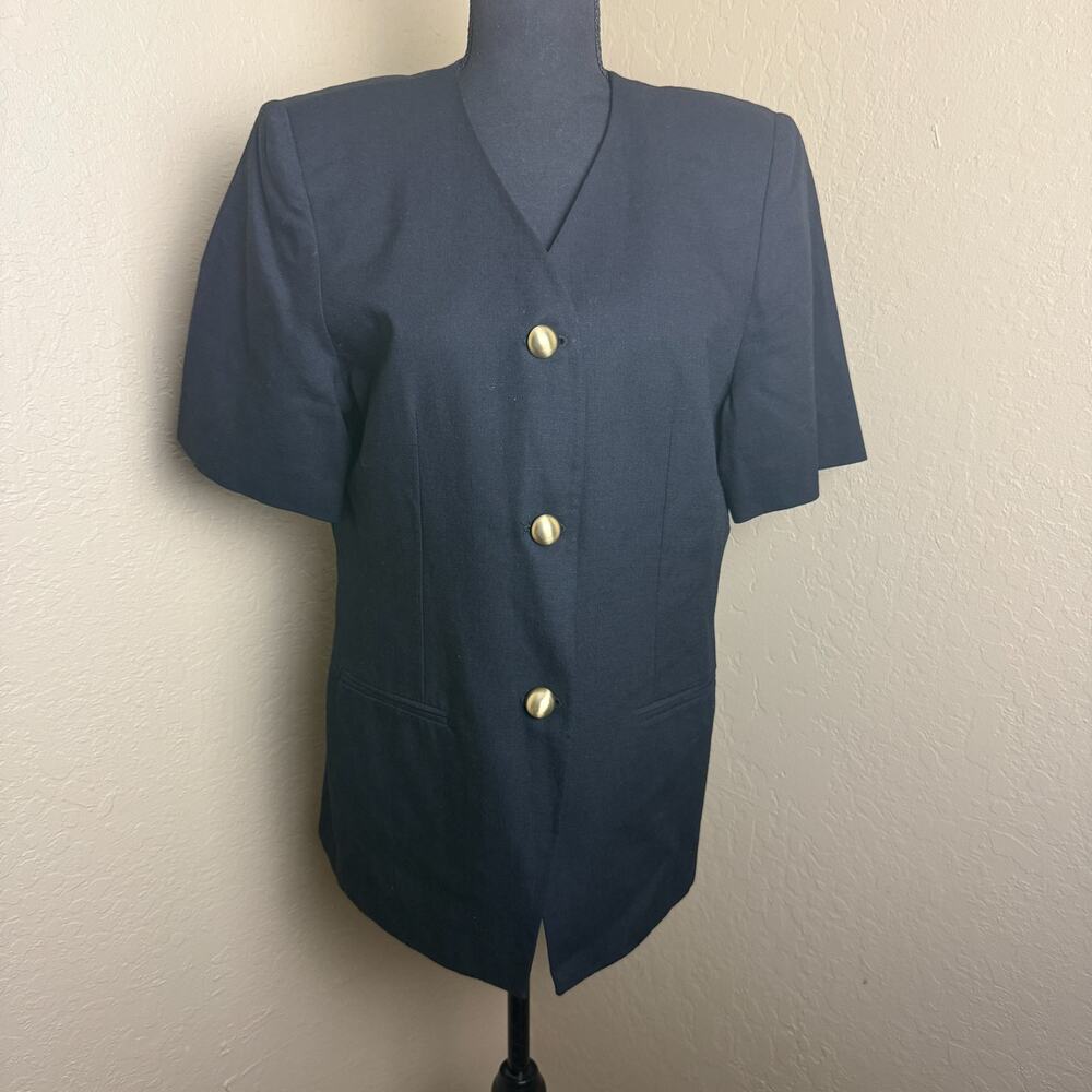 Jacqueline Ferrar Womens 12P Navy Linen Rayon Short Sleeve Blazer Gold Buttons